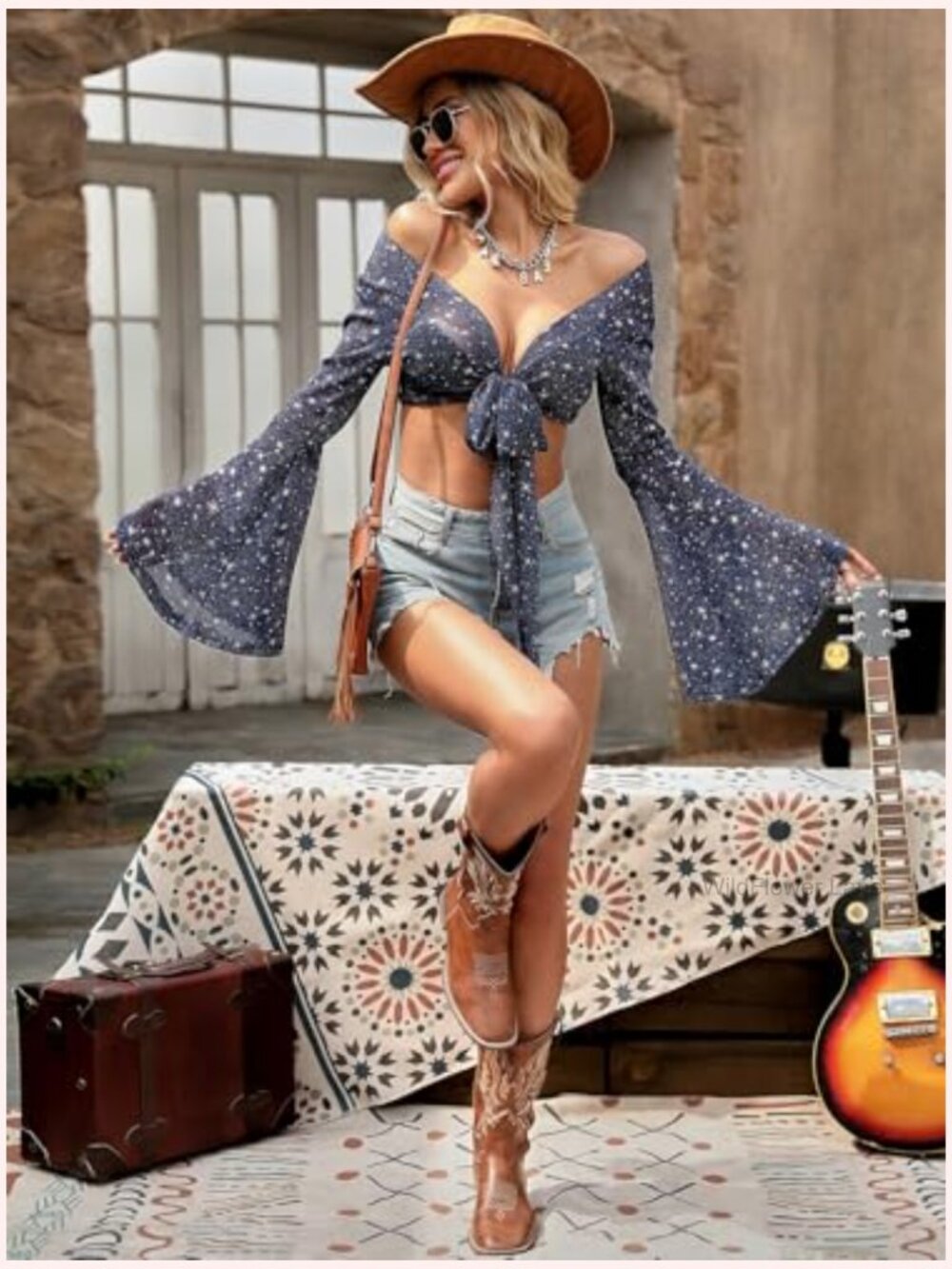 Women Tie Front Bell Sleeve Rave Crop Top Floral Print Mesh Sheer Shirt - Picture 6 of 7